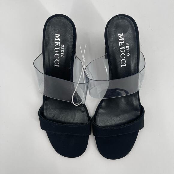 SESTO MEUCCI Heels Size 37 (US 6-6.5) Leather Fabric Black Clear Heeled Sandals - Picture 2 of 14
